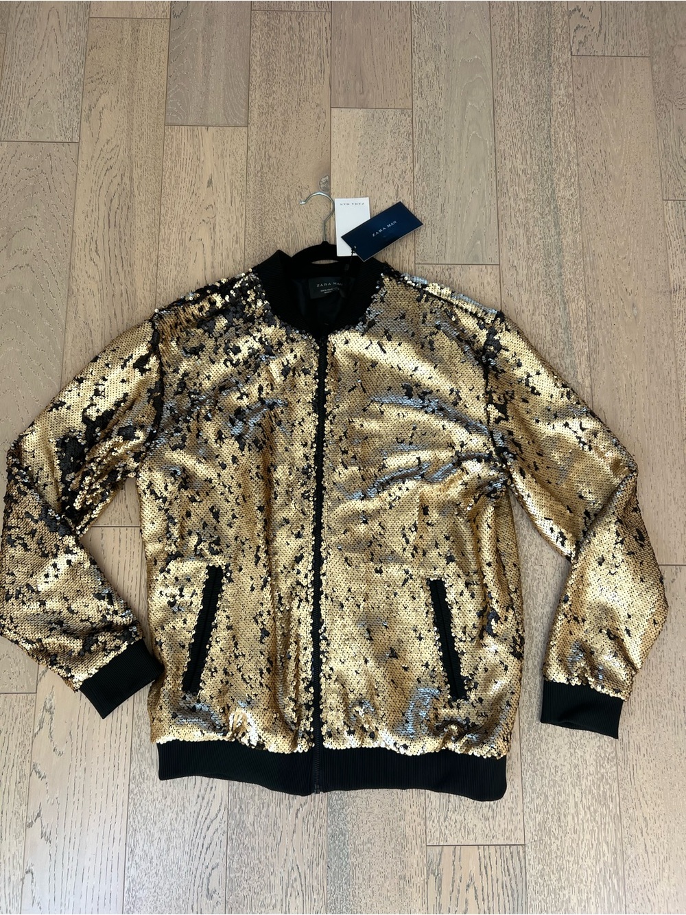 NWT Men’s Zara Gold Sequin Bomber Jacket with Black Trim